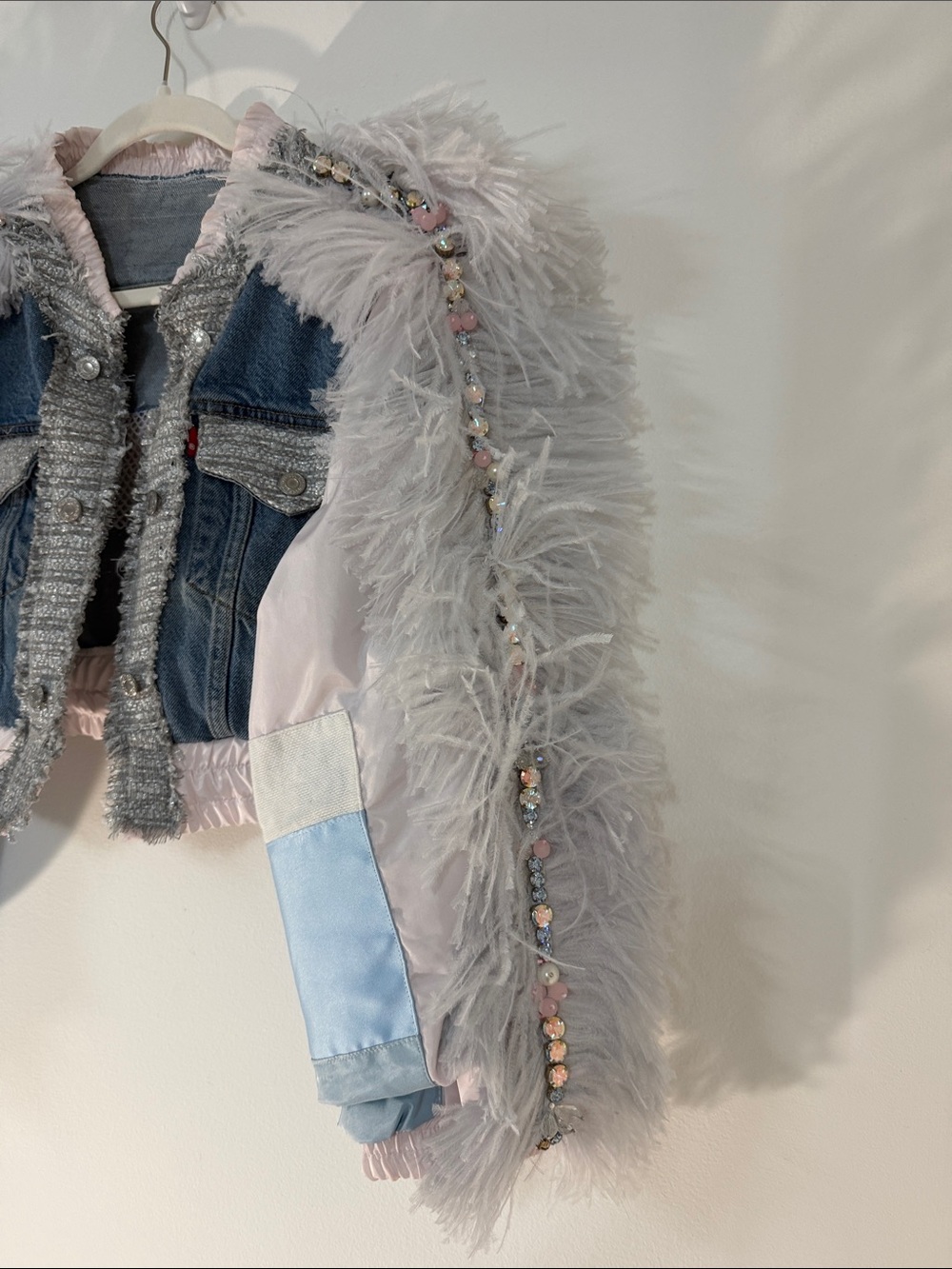 Next Level Apparel Mixed Denim &  Fur Bomber Jacket in Light Gray and Blue - Picture 3 of 8
